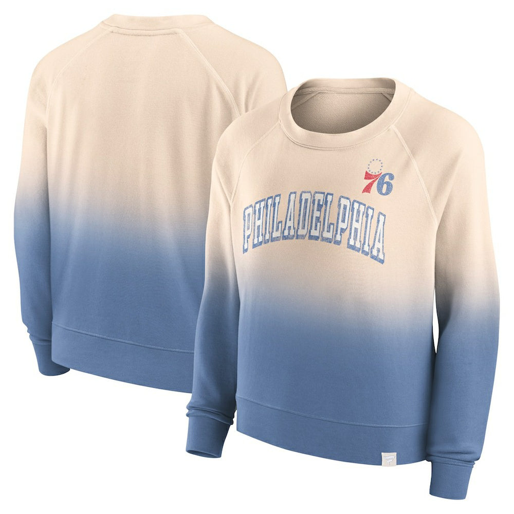 Philadelphia 76ers Women's Lounge Arch Raglan Pullover Sweatshirt Tan/Royal | Fanatics US