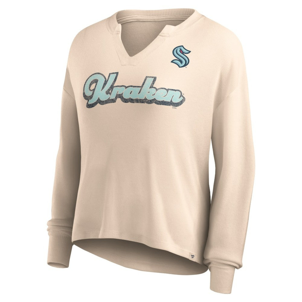 Seattle Kraken Fanatics Women's Go For It Notch Neck Waffle Knit Long Sleeve T-Shirt - Oatmeal - NHL 5249282