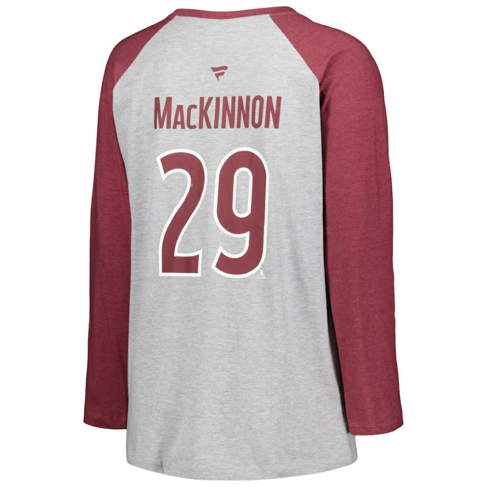 Nathan MacKinnon Colorado Avalanche Fanatics Women's Plus Size Name & Number Raglan Long Sleeve T-Shirt - Heather Gray/Heather Burgundy - NHL 5254399
