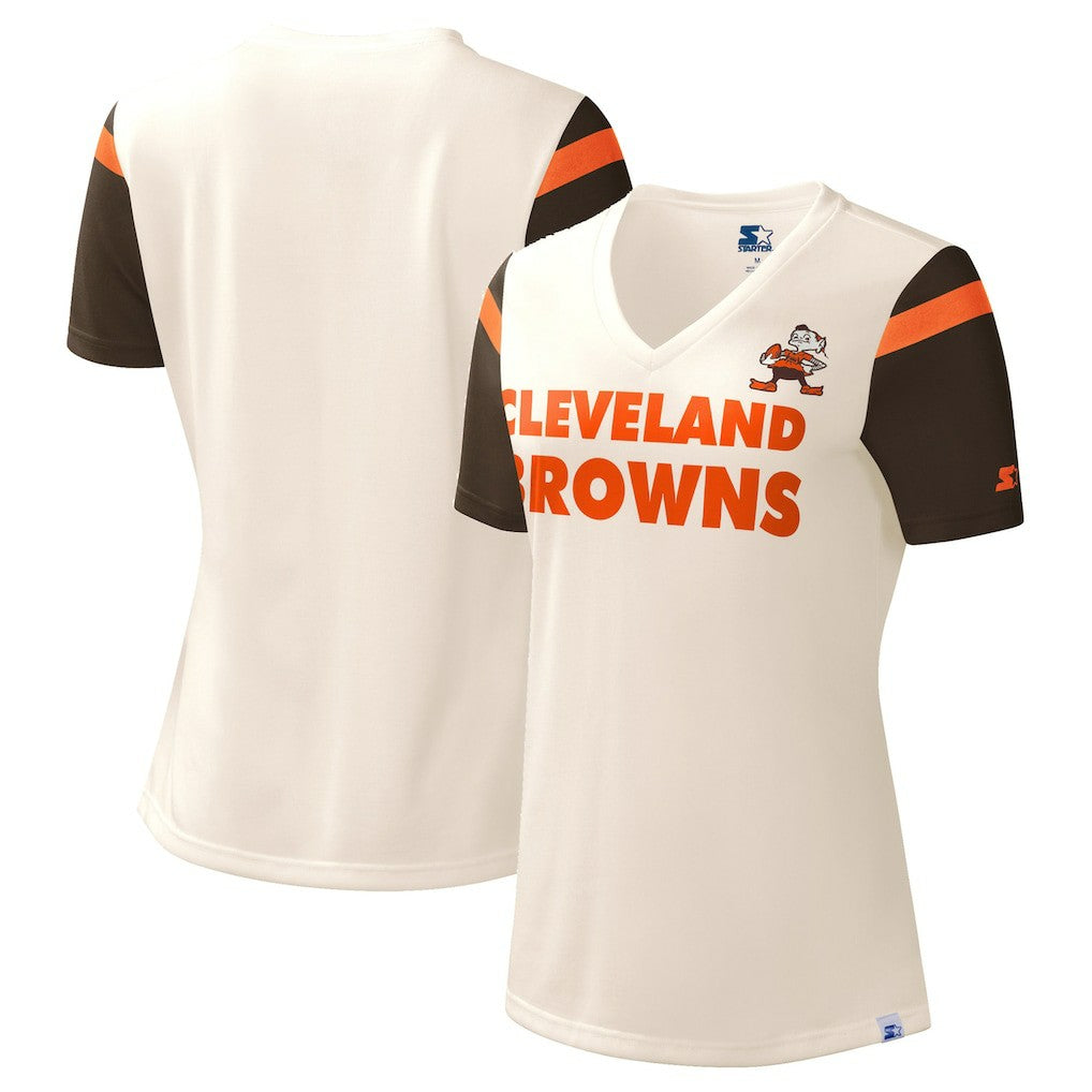 Cleveland Browns Starter Women's Kick Start V-Neck T-Shirt Cream