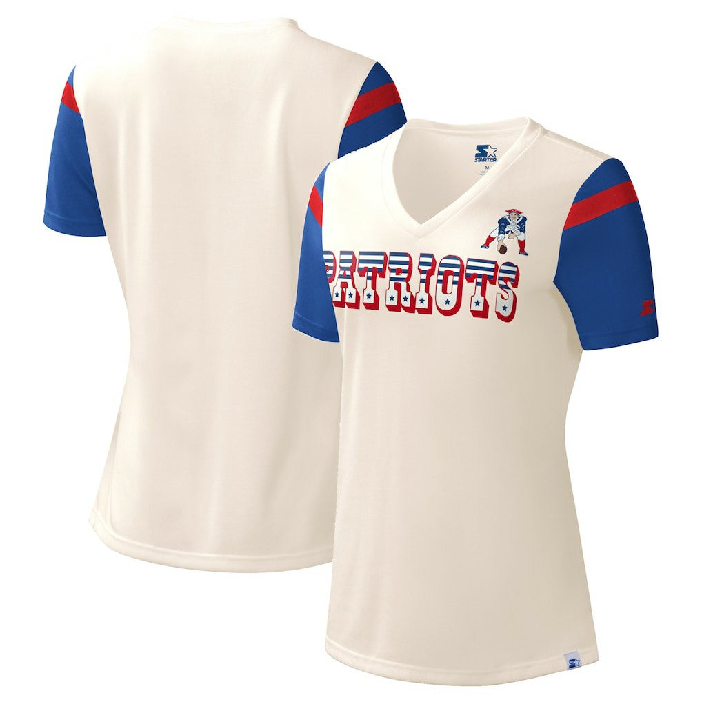 New England Patriots Starter Women's Kick Start V-Neck T-Shirt Cream