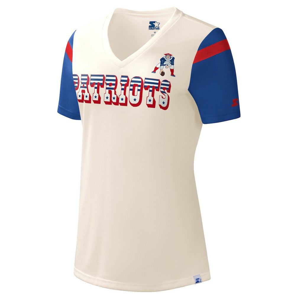 New England Patriots Starter Women's Kick Start V-Neck T-Shirt Cream