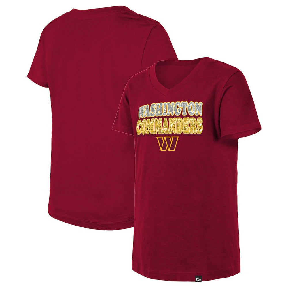 Washington Commanders New Era Girls Youth Reverse Sequin V-Neck T-Shirt Burgundy