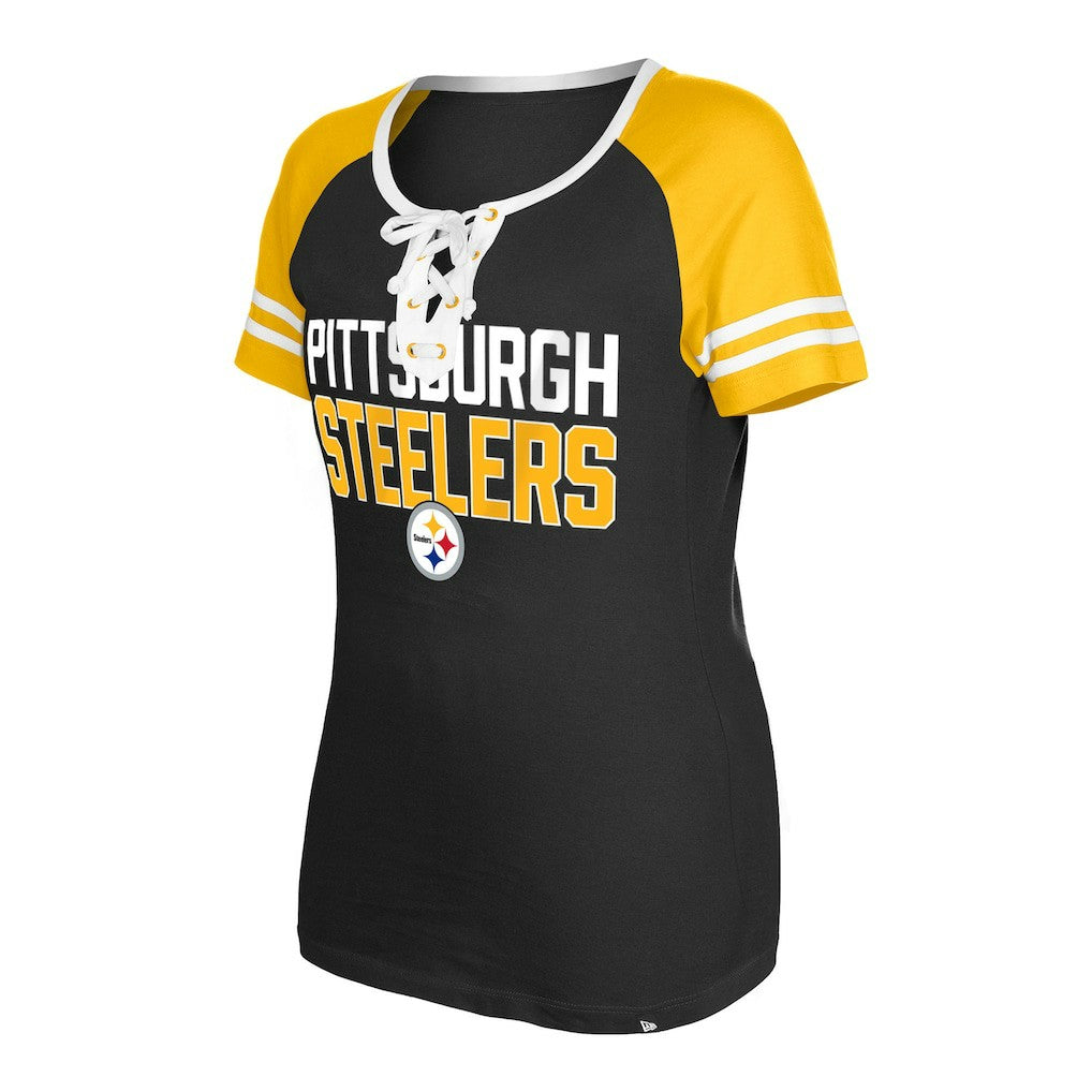 Pittsburgh Steelers New Era Women's Raglan Lace-Up T-Shirt Black