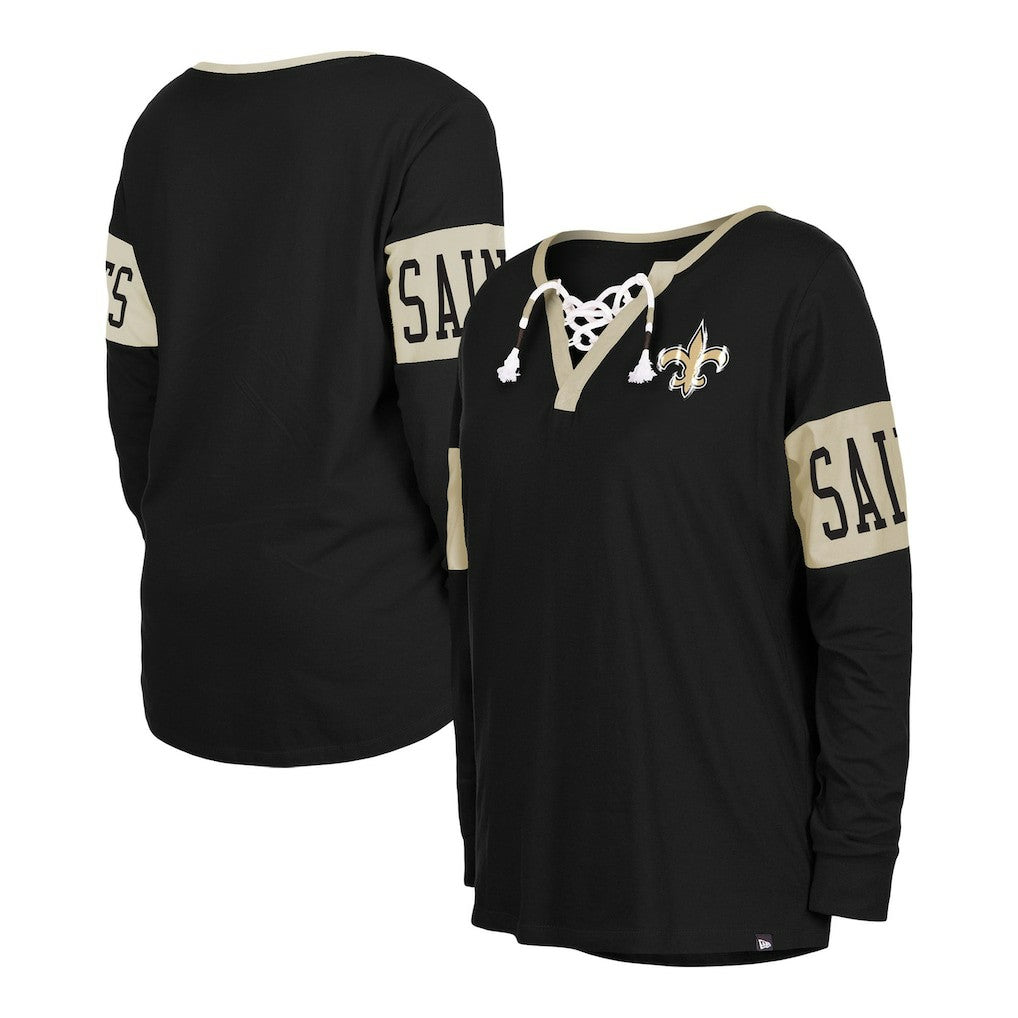 New Orleans Saints New Era Women's Lace-Up Notch Neck Long Sleeve T-Shirt Black