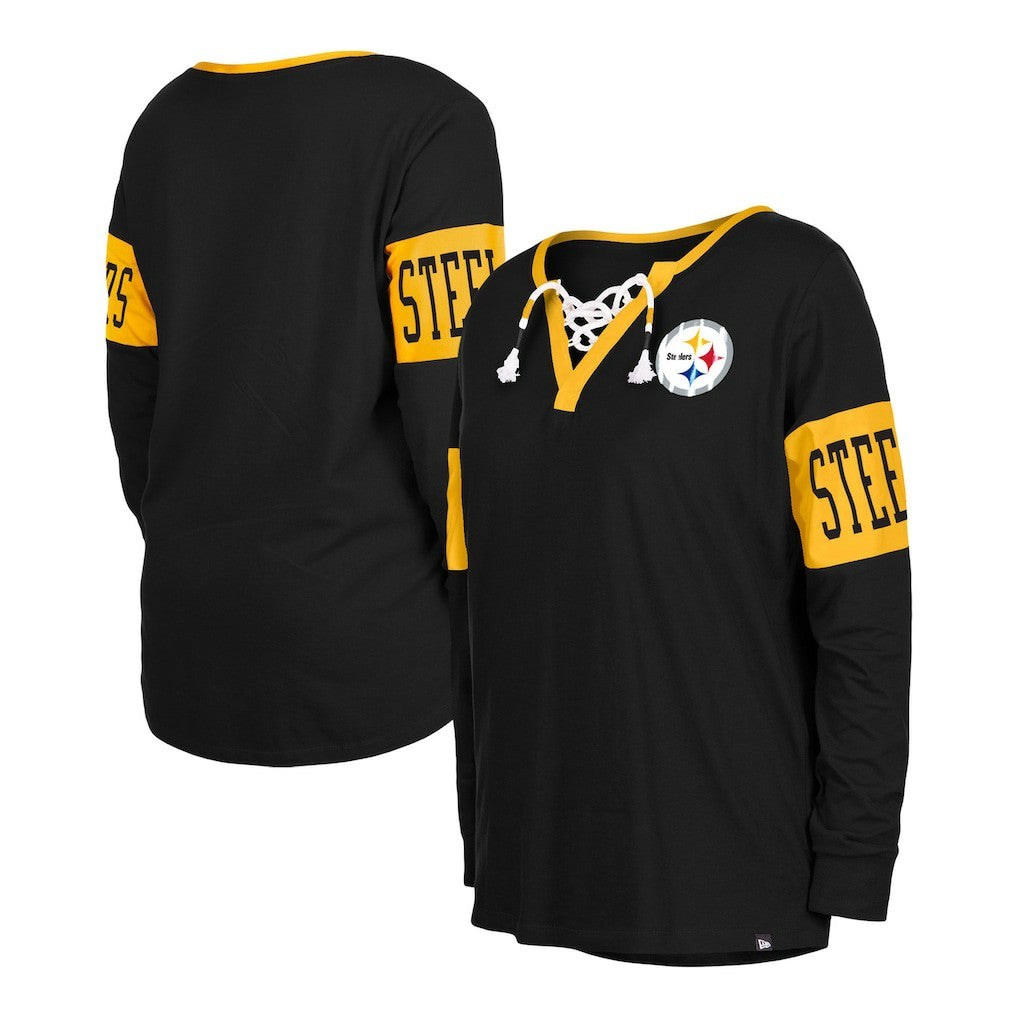 Pittsburgh Steelers New Era Women's Lace-Up Notch Neck Long Sleeve T-Shirt Black
