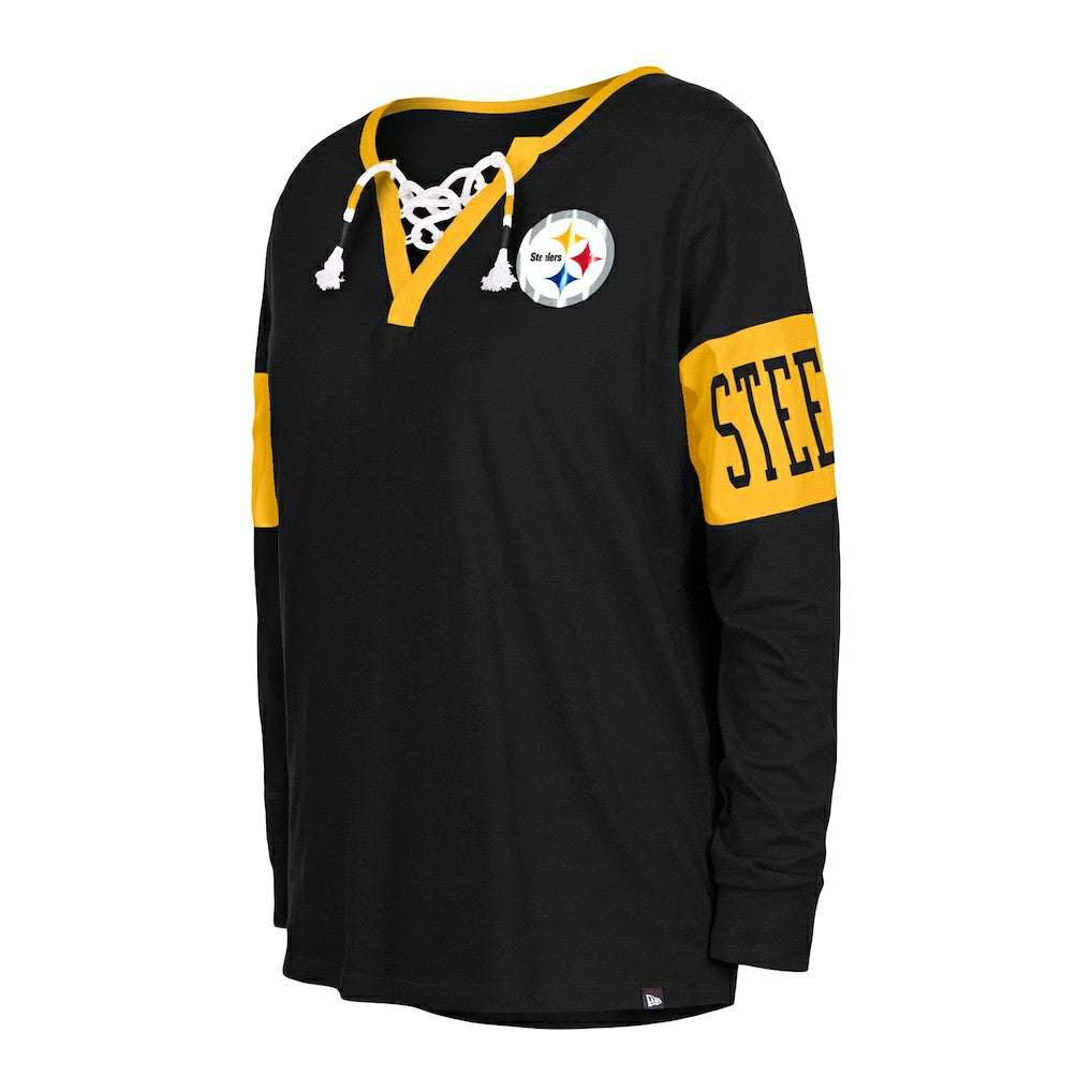 Pittsburgh Steelers New Era Women's Lace-Up Notch Neck Long Sleeve T-Shirt Black