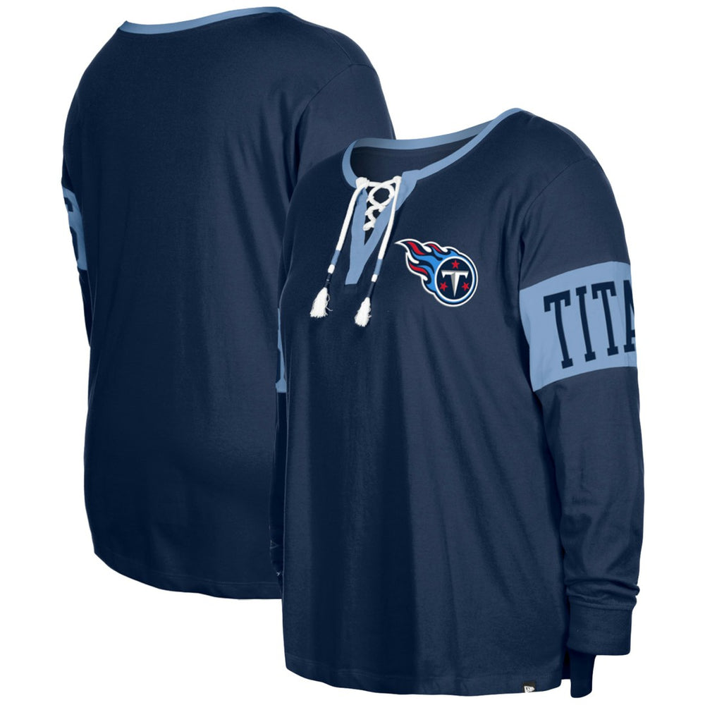 Tennessee Titans New Era Women's Plus Size Lace-Up Notch Neck Long Sleeve T-Shirt Navy