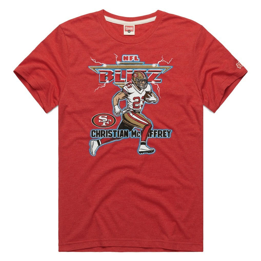 Christian McCaffrey San Francisco 49ers Homage Unisex NFL Blitz Player Tri-Blend T-Shirt Heathered Scarlet