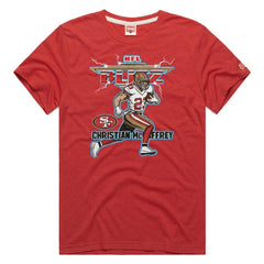 Christian McCaffrey San Francisco 49ers Homage Unisex NFL Blitz Player Tri-Blend T-Shirt Heathered Scarlet