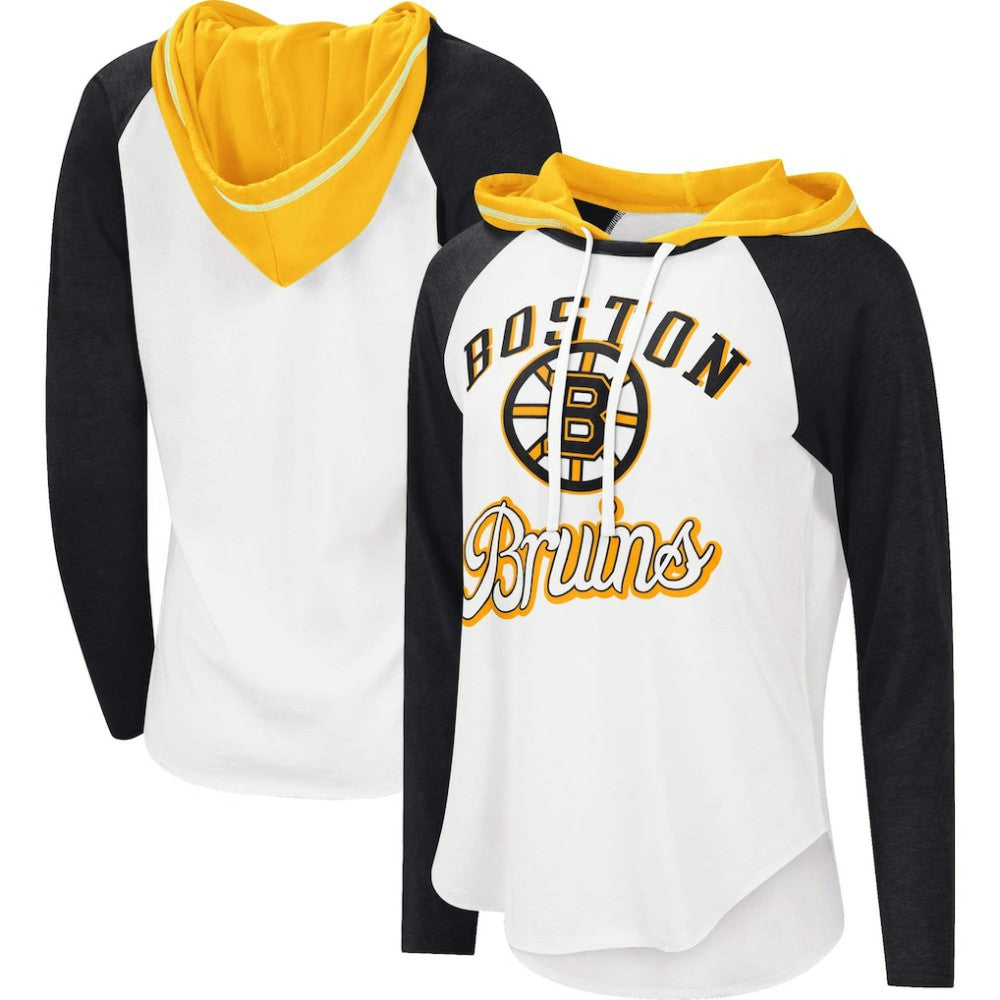 Boston Bruins G-III 4Her by Carl Banks Women's MVP Raglan Lightweight Hooded T-Shirt - White/Heather Black - NHL 5271954