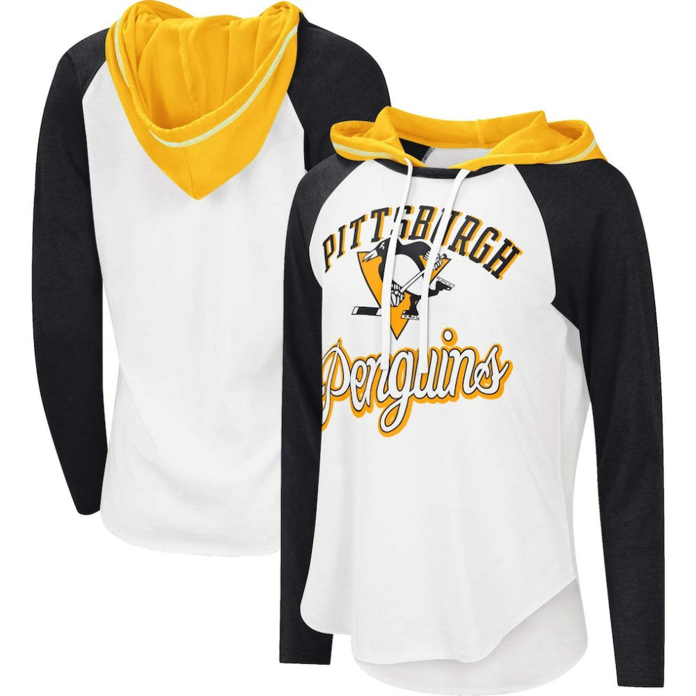 Pittsburgh Penguins G-III 4Her by Carl Banks Women's MVP Raglan Lightweight Hooded T-Shirt - White/Heather Black - NHL 5271970