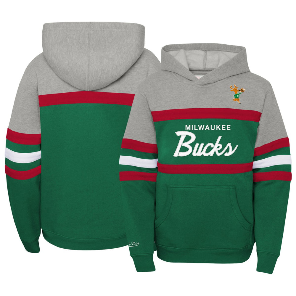 Milwaukee Bucks Youth Hardwood Classics Head Coach Pullover Hoodie Green/Heather Gray | Mitchell & Ness for sale