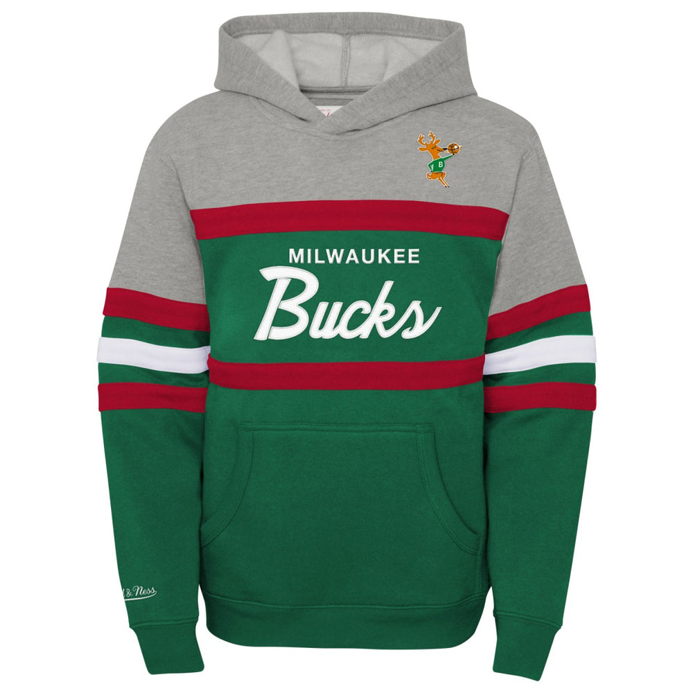 Milwaukee Bucks Youth Hardwood Classics Head Coach Pullover Hoodie Green/Heather Gray | Mitchell & Ness for sale