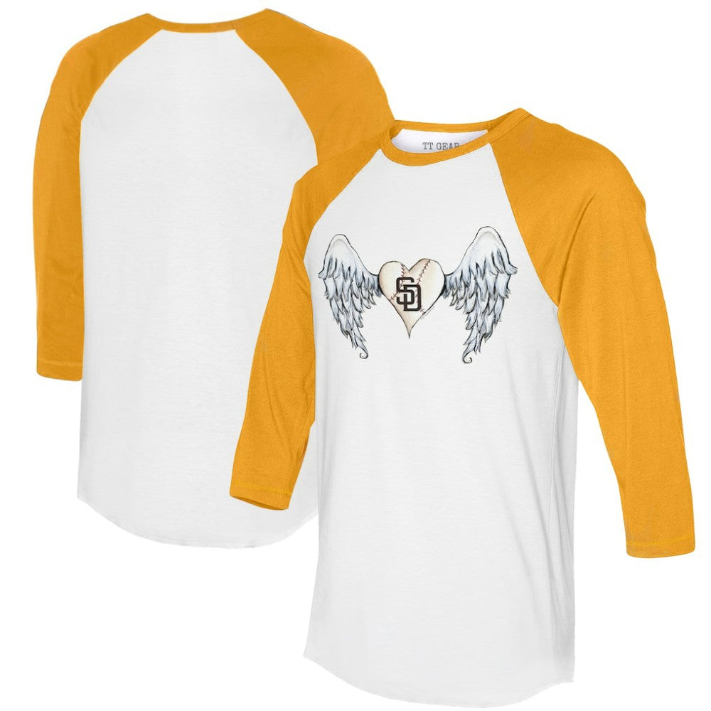 San Diego Padres Tiny Turnip Women's Angel Wings 3/4-Sleeve Raglan T-Shirt - White/Gold - MLB Discount
