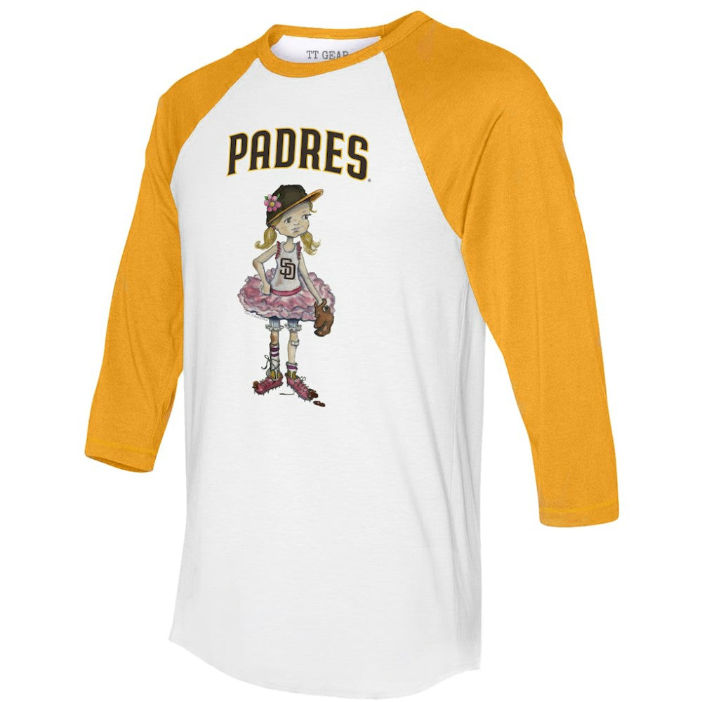 San Diego Padres Tiny Turnip Women's Babes 3/4-Sleeve Raglan T-Shirt - White/Gold - MLB Discount