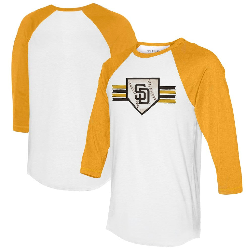 San Diego Padres Tiny Turnip Women's Base Stripe 3/4-Sleeve Raglan T-Shirt - White/Gold - MLB Online