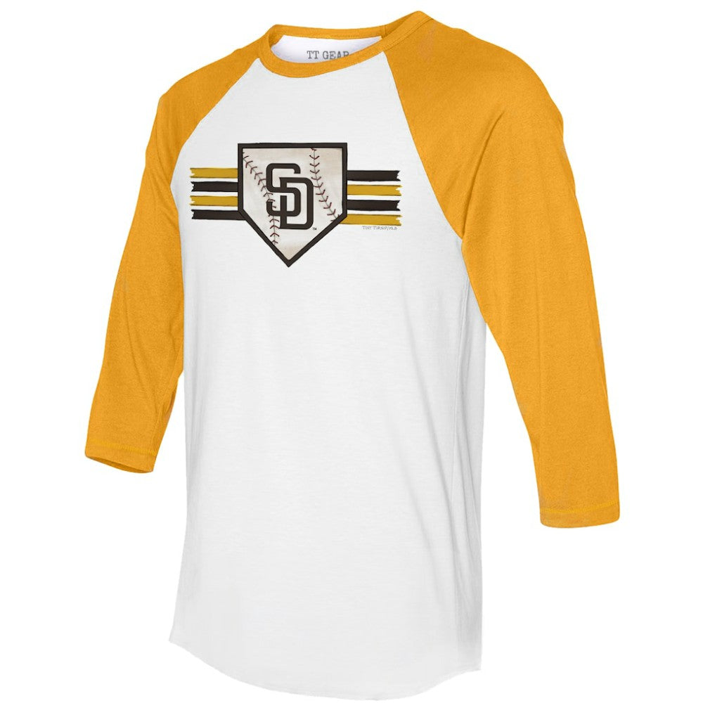 San Diego Padres Tiny Turnip Women's Base Stripe 3/4-Sleeve Raglan T-Shirt - White/Gold - MLB Online