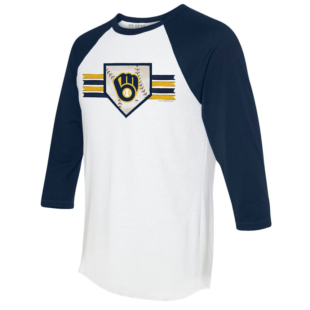 Milwaukee Brewers Tiny Turnip Women's Base Stripe 3/4-Sleeve Raglan T-Shirt - White/Navy - MLB on Sale