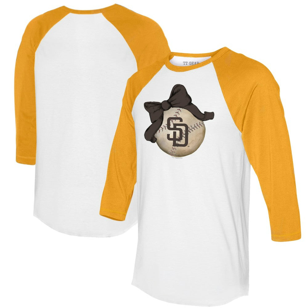 San Diego Padres Tiny Turnip Women's Baseball Bow 3/4-Sleeve Raglan T-Shirt - White/Gold - MLB Lifestyle