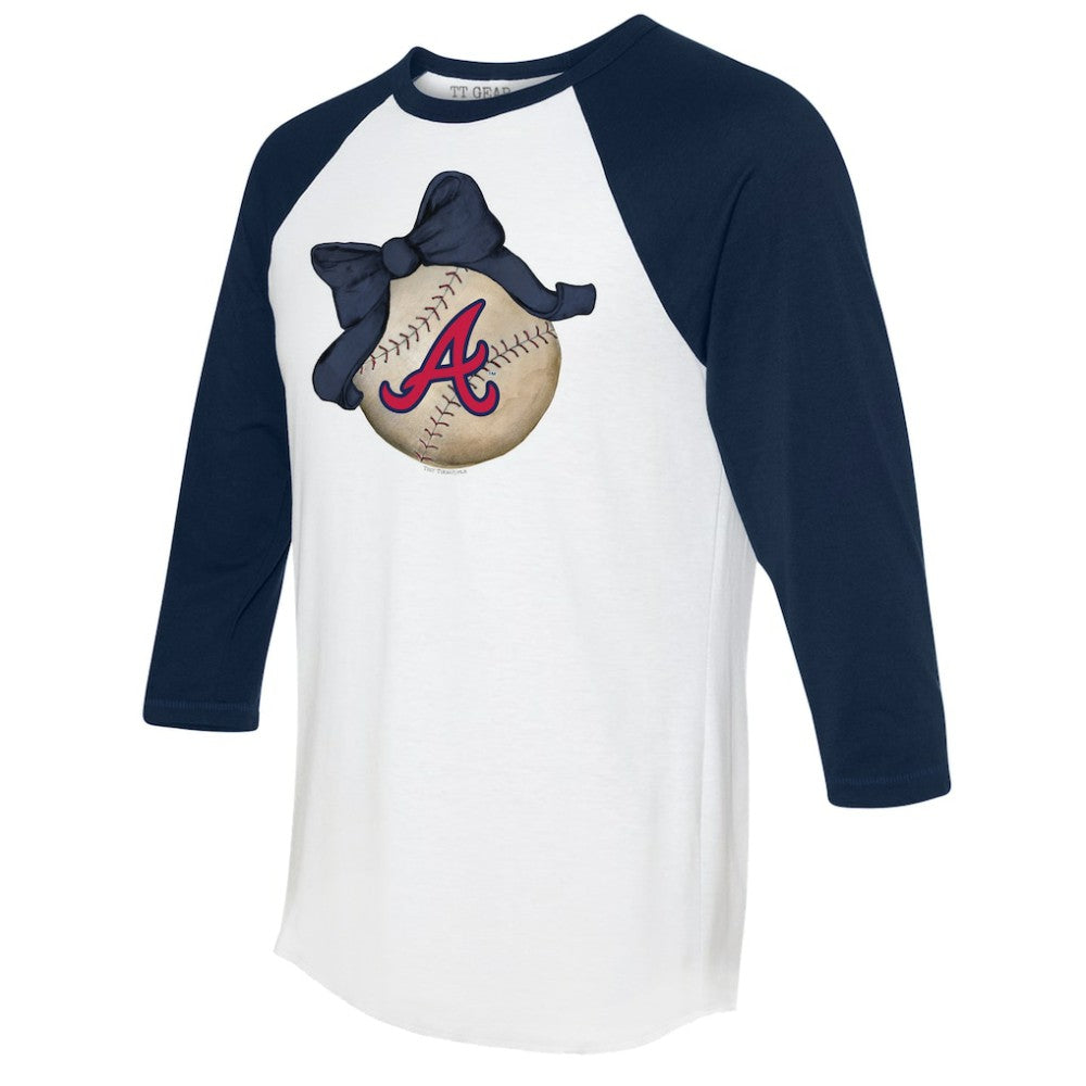 Atlanta Braves Tiny Turnip Women's Baseball Bow 3/4-Sleeve Raglan T-Shirt - White/Navy - MLB Sale