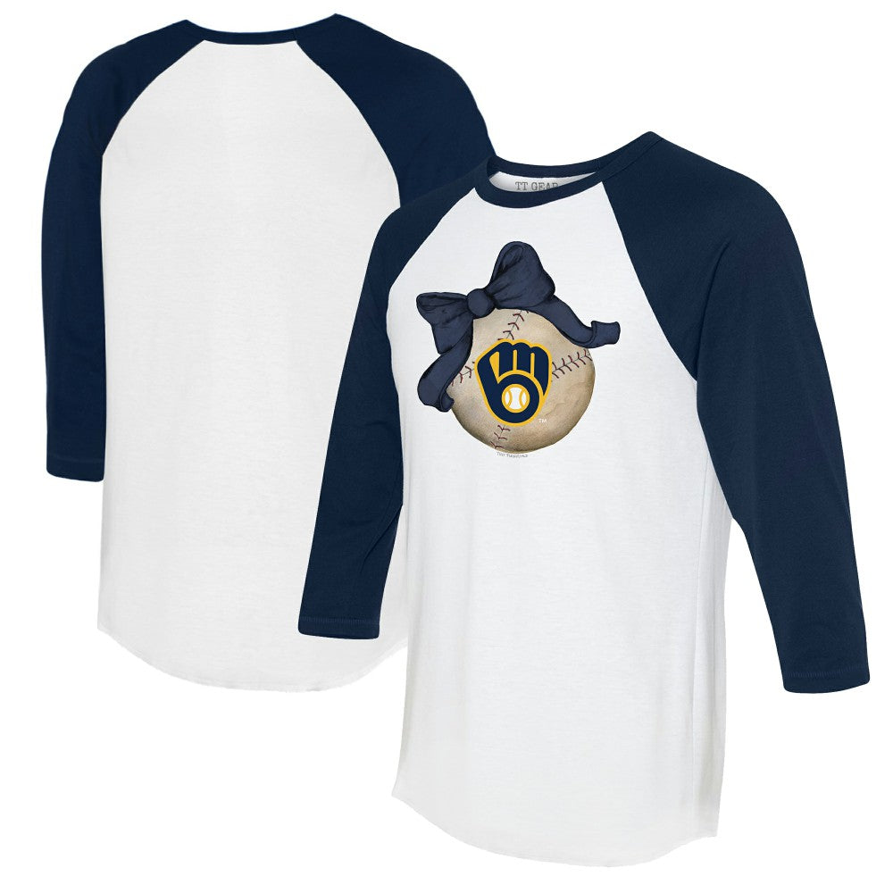 Milwaukee Brewers Tiny Turnip Women's Baseball Bow 3/4-Sleeve Raglan T-Shirt - White/Navy - MLB Sale