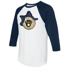 Milwaukee Brewers Tiny Turnip Women's Baseball Bow 3/4-Sleeve Raglan T-Shirt - White/Navy - MLB Sale