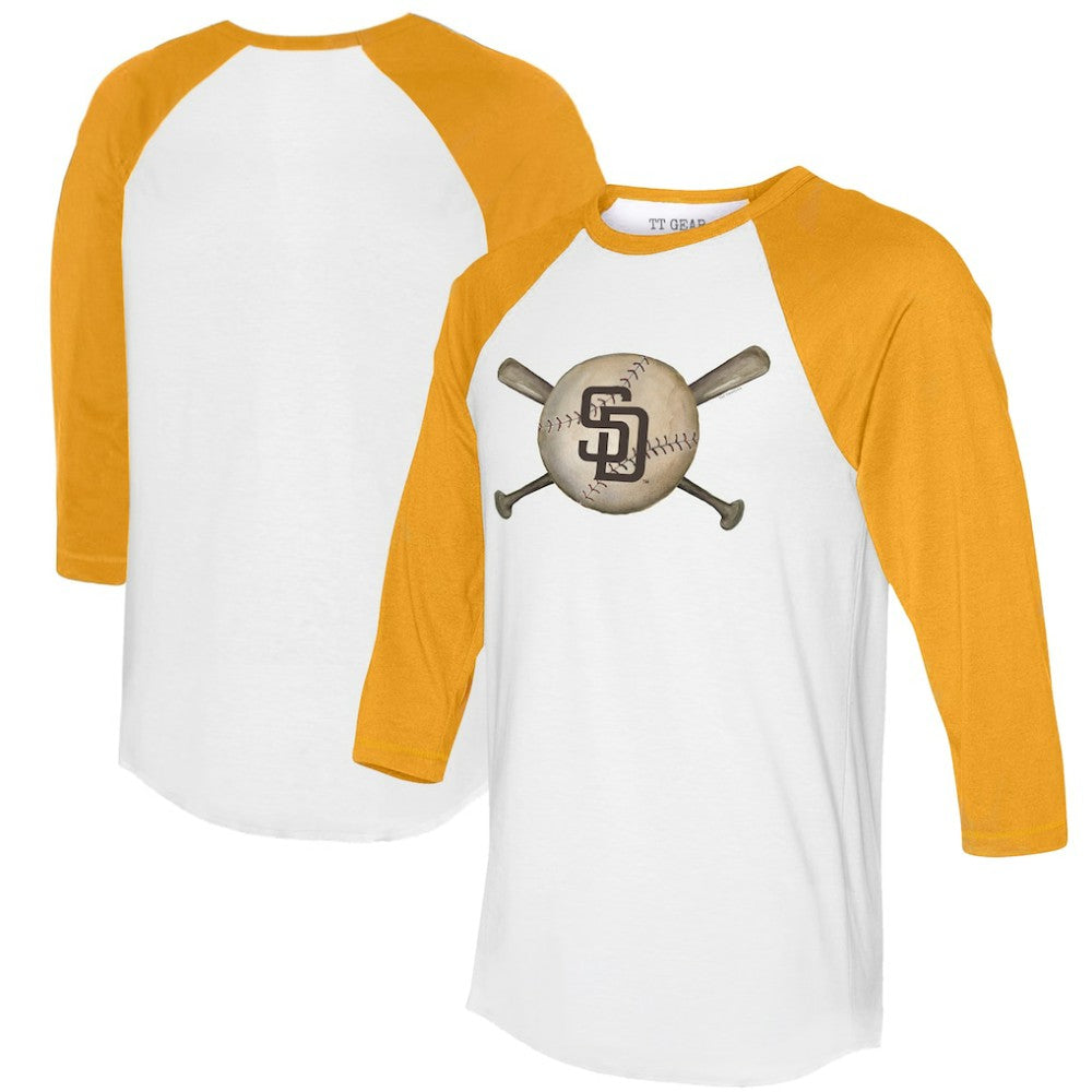 San Diego Padres Tiny Turnip Women's Baseball Cross Bats 3/4-Sleeve Raglan T-Shirt - White/Gold - MLB Discount