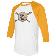San Diego Padres Tiny Turnip Women's Baseball Cross Bats 3/4-Sleeve Raglan T-Shirt - White/Gold - MLB Discount