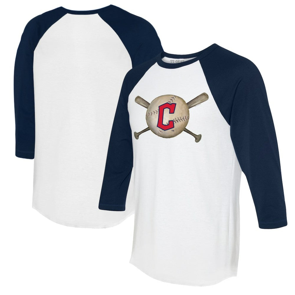Cleveland Guardians Tiny Turnip Women's Baseball Cross Bats 3/4-Sleeve Raglan T-Shirt - White/Navy - MLB Discount