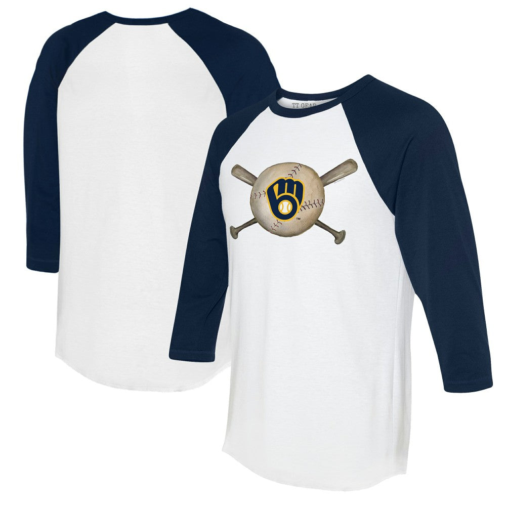 Milwaukee Brewers Tiny Turnip Women's Baseball Cross Bats 3/4-Sleeve Raglan T-Shirt - White/Navy - MLB Online