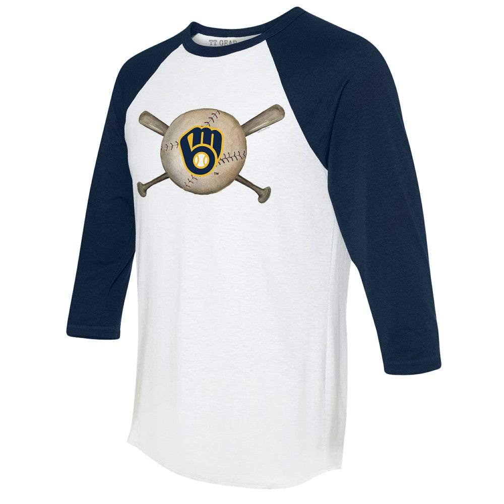 Milwaukee Brewers Tiny Turnip Women's Baseball Cross Bats 3/4-Sleeve Raglan T-Shirt - White/Navy - MLB Online