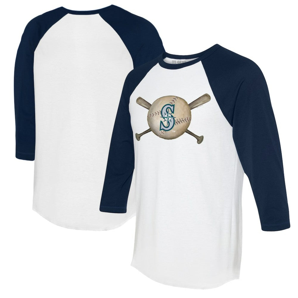 Seattle Mariners Tiny Turnip Women's Baseball Cross Bats 3/4-Sleeve Raglan T-Shirt - White/Navy - MLB Discount