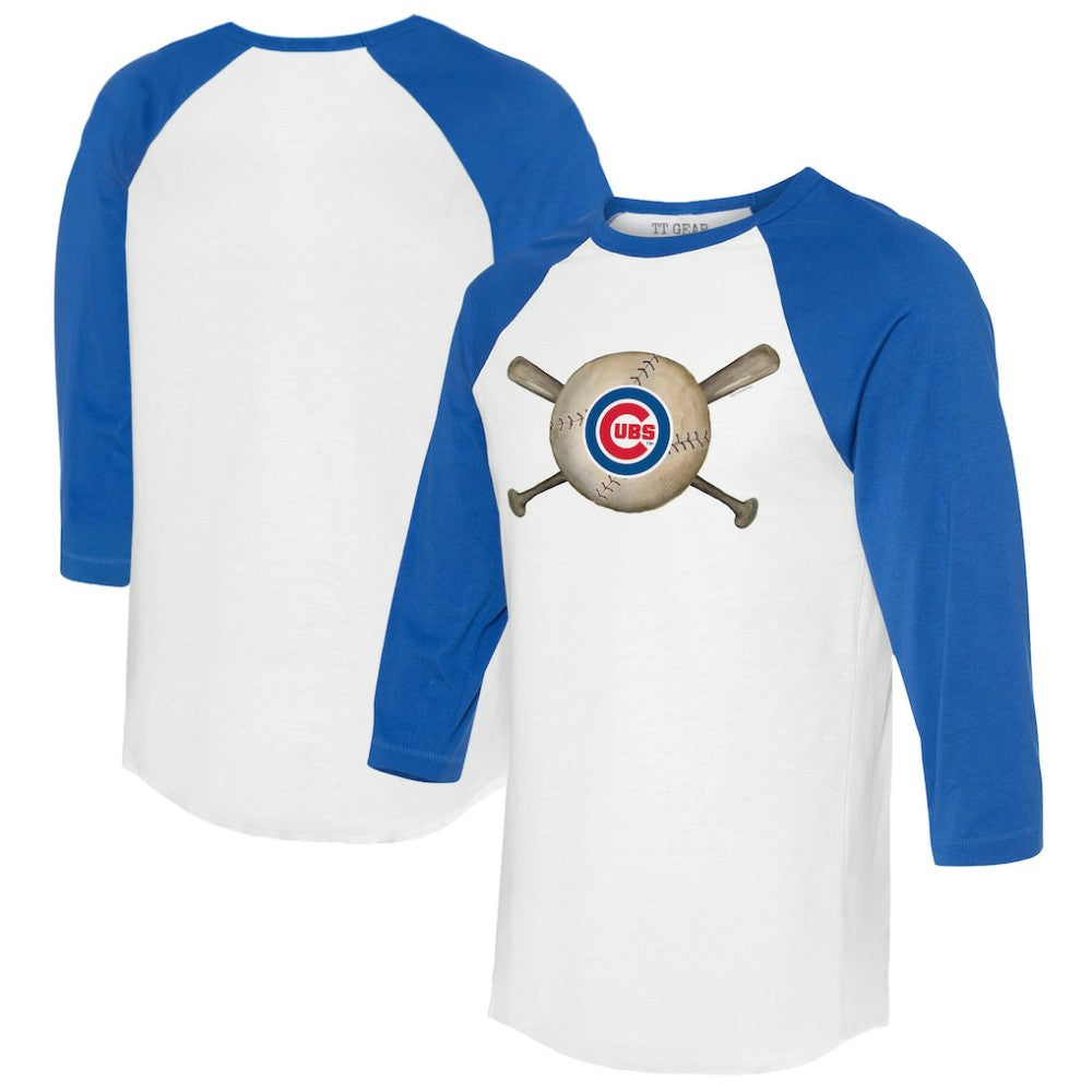 Chicago Cubs Tiny Turnip Women's Baseball Cross Bats 3/4-Sleeve Raglan T-Shirt - White/Royal - MLB Lifestyle