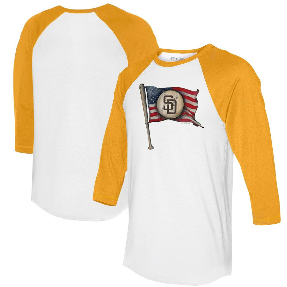San Diego Padres Tiny Turnip Women's Baseball Flag 3/4-Sleeve Raglan T-Shirt - White/Gold - MLB Online