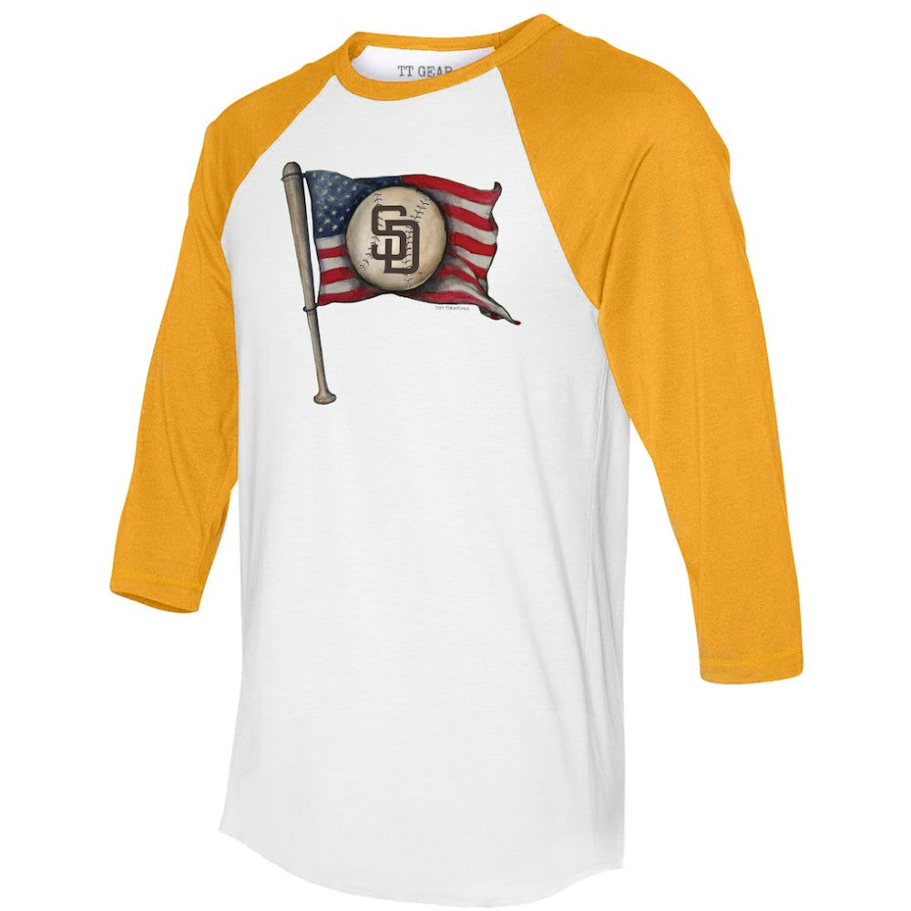 San Diego Padres Tiny Turnip Women's Baseball Flag 3/4-Sleeve Raglan T-Shirt - White/Gold - MLB Online