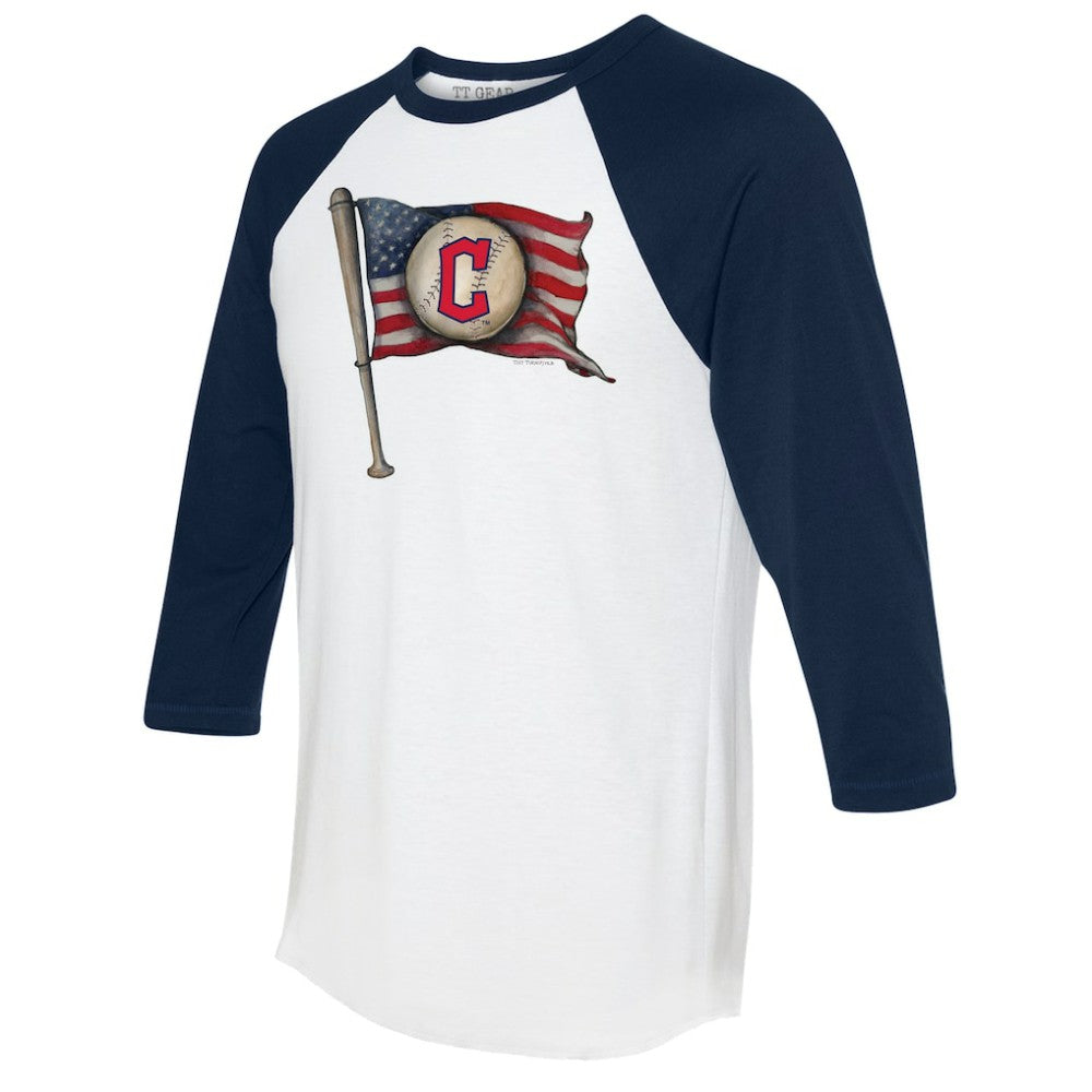 Cleveland Guardians Tiny Turnip Women's Baseball Flag 3/4-Sleeve Raglan T-Shirt - White/Navy - MLB Lifestyle