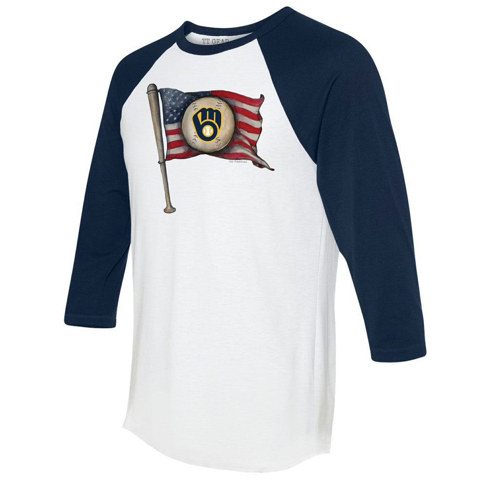 Milwaukee Brewers Tiny Turnip Women's Baseball Flag 3/4-Sleeve Raglan T-Shirt - White/Navy - MLB Online