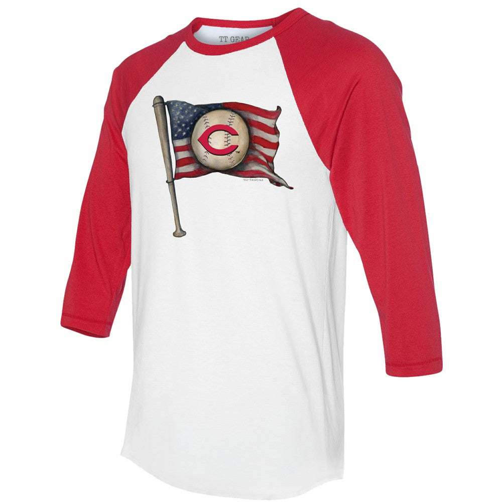 Cincinnati Reds Tiny Turnip Women's Baseball Flag 3/4-Sleeve Raglan T-Shirt - White/Red - MLB Sale