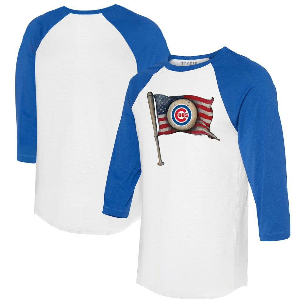Chicago Cubs Tiny Turnip Women's Baseball Flag 3/4-Sleeve Raglan T-Shirt - White/Royal - MLB on Sale