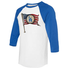 Los Angeles Dodgers Tiny Turnip Women's Baseball Flag 3/4-Sleeve Raglan T-Shirt - White/Royal - MLB Lifestyle