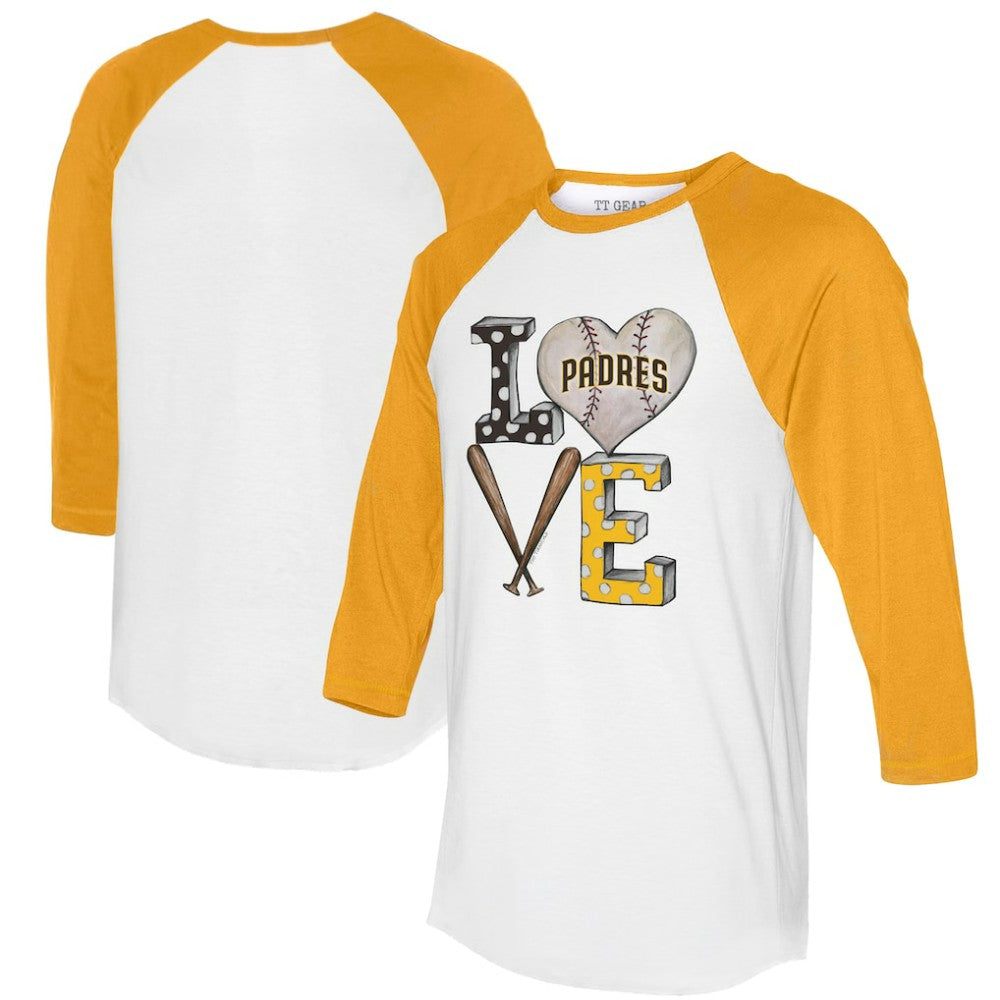 San Diego Padres Tiny Turnip Women's Baseball Love Raglan 3/4-Sleeve T-Shirt - White/Gold - MLB Discount