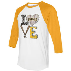 San Diego Padres Tiny Turnip Women's Baseball Love Raglan 3/4-Sleeve T-Shirt - White/Gold - MLB Discount