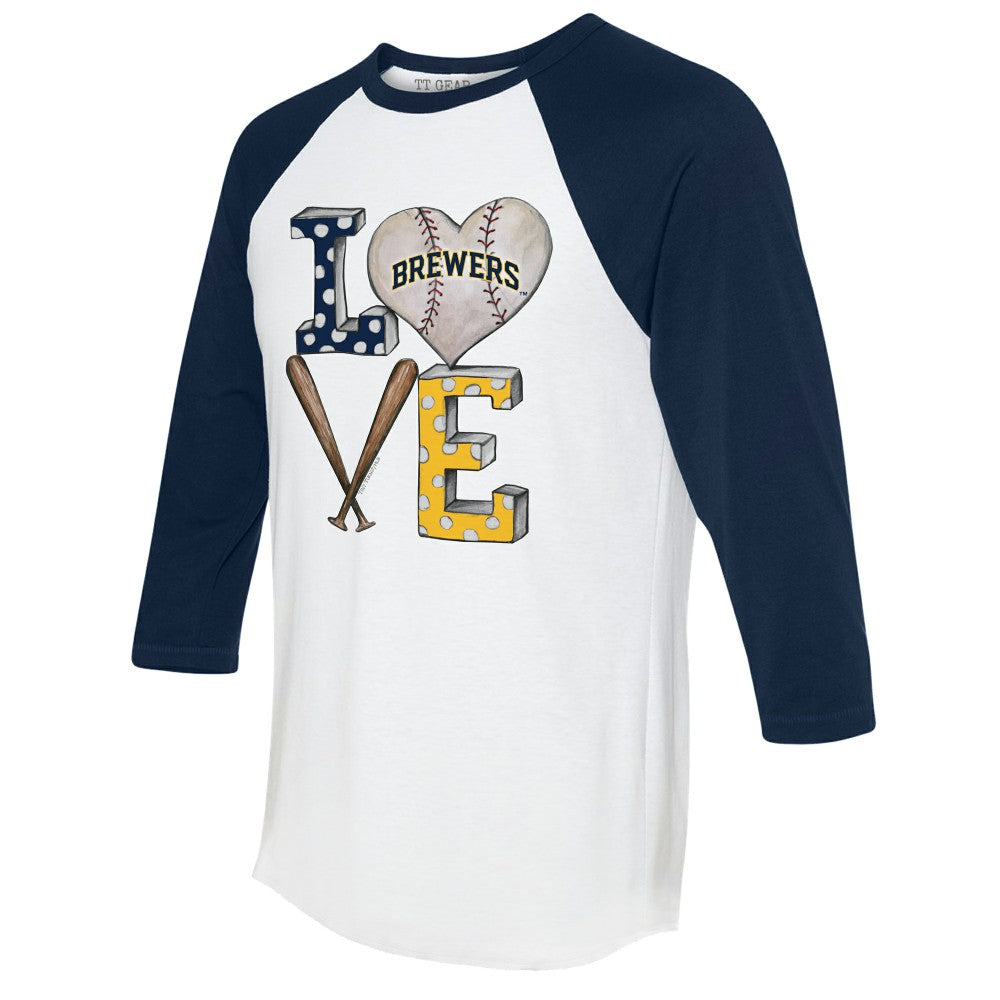 Milwaukee Brewers Tiny Turnip Women's Baseball Love Raglan 3/4-Sleeve T-Shirt - White/Navy - MLB Online