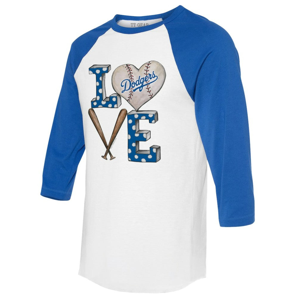 Los Angeles Dodgers Tiny Turnip Women's Baseball Love Raglan 3/4-Sleeve T-Shirt - White/Royal - MLB Lifestyle