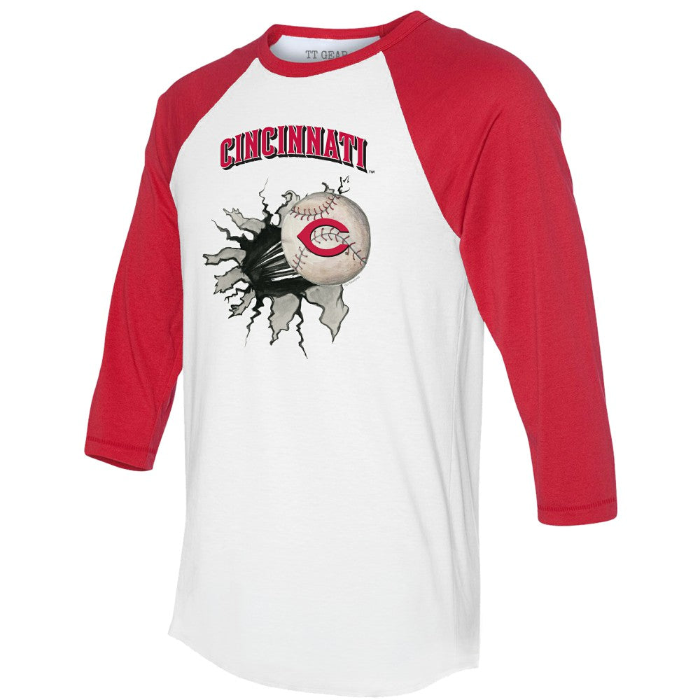 Cincinnati Reds Tiny Turnip Women's Baseball Tear 3/4-Sleeve Raglan T-Shirt - White/Red - MLB Discount