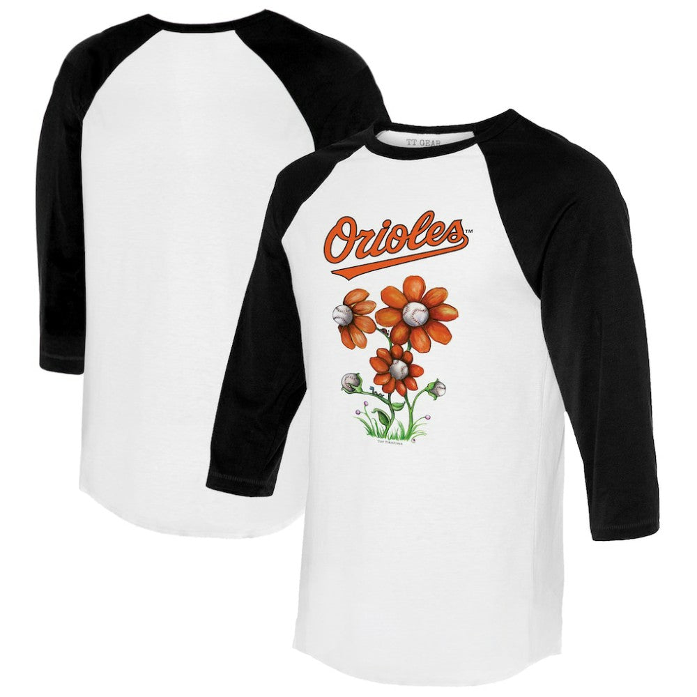 Baltimore Orioles Tiny Turnip Women's Blooming Baseballs 3/4-Sleeve Raglan T-Shirt - White/Black - MLB on Sale