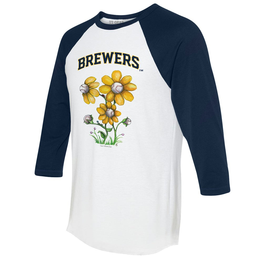 Milwaukee Brewers Tiny Turnip Women's Blooming Baseballs 3/4-Sleeve Raglan T-Shirt - White/Navy - MLB Lifestyle