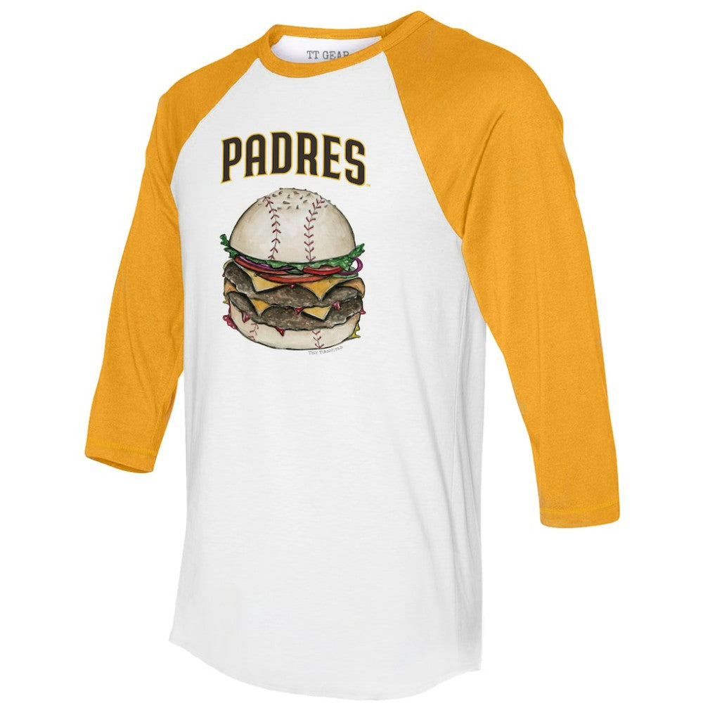 San Diego Padres Tiny Turnip Women's Burger 3/4-Sleeve Raglan T-Shirt - White/Gold - MLB Lifestyle