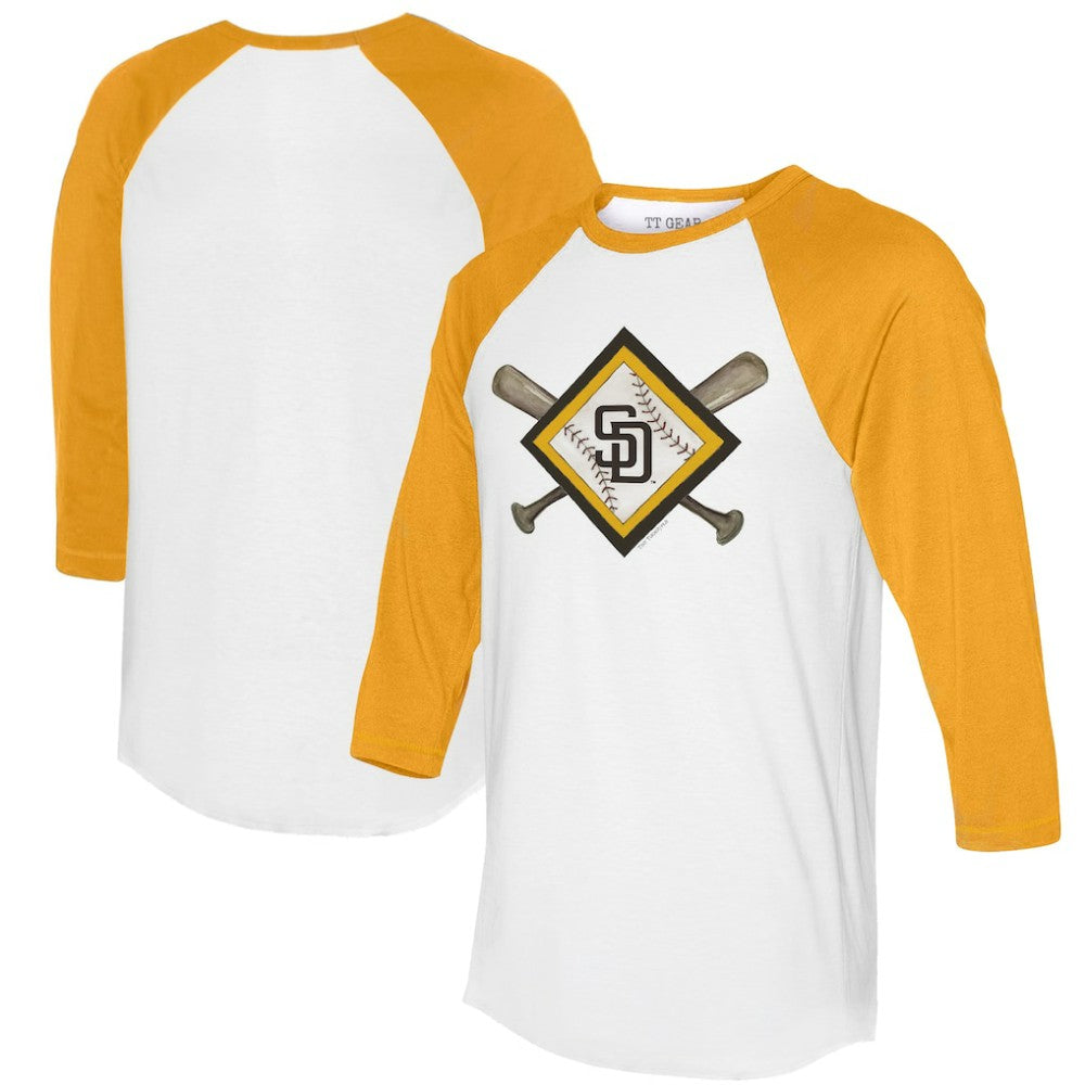San Diego Padres Tiny Turnip Women's Diamond Cross Bats 3/4-Sleeve Raglan T-Shirt - White/Gold - MLB Sale
